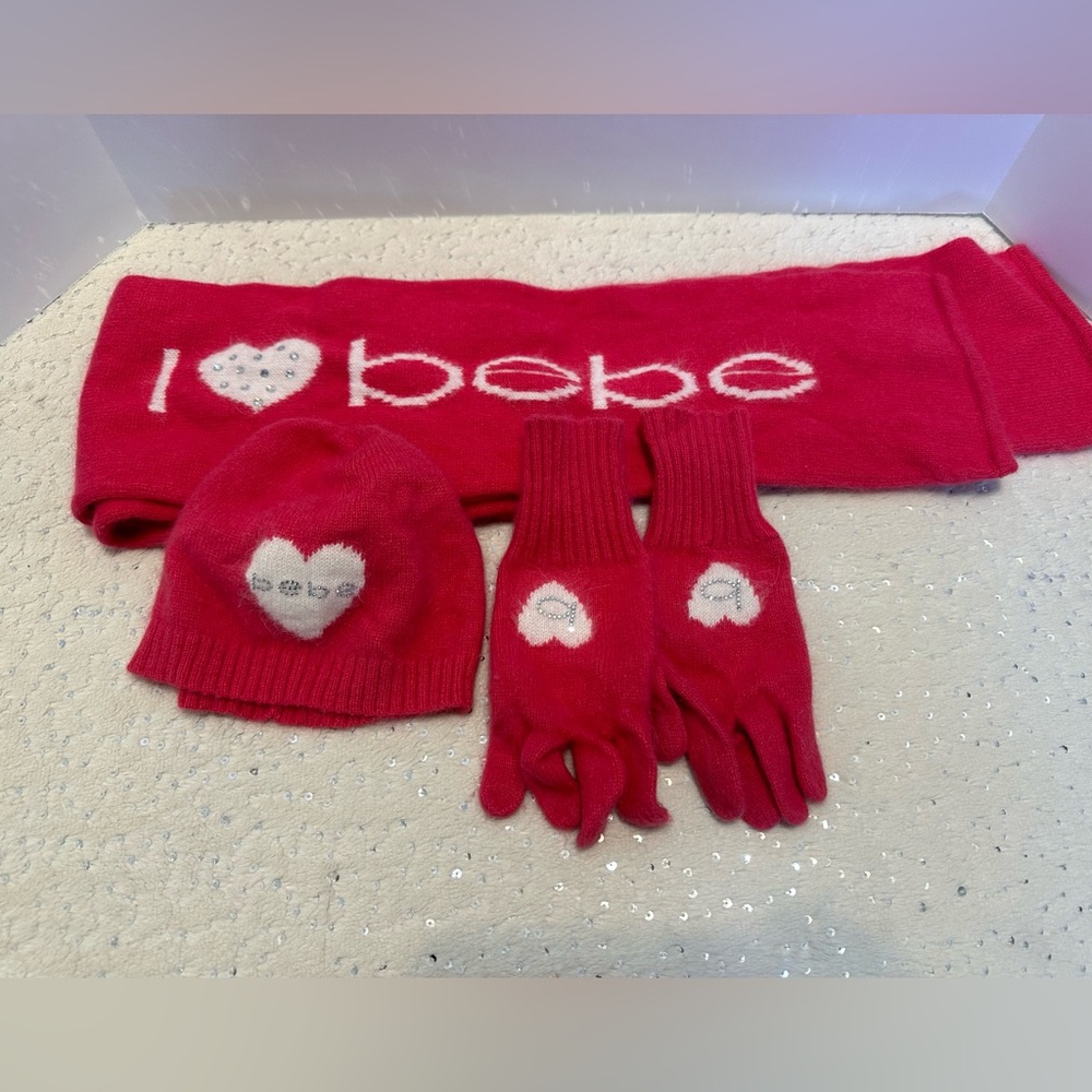Bebe Vintage Beanie, Scarf, Glove Set